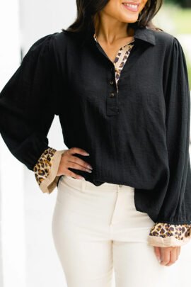 Camel Contrast Leopard Print Patchwork Polo Collar Buttons Front Ruffled Long Sleeve Blouse Camel Contrast Leopard Print Patchwork Polo Collar Buttons Front Ruffled Long Sleeve Blouse - Image 6