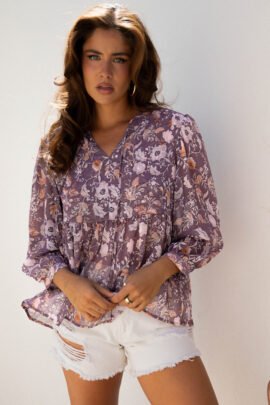 Blue Boho Flower Print 3/4 Sleeve Babydoll Blouse Blue Boho Flower Print 3/4 Sleeve Babydoll Blouse - Image 6