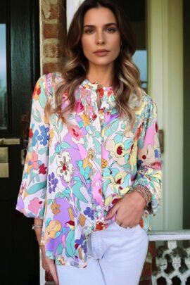 Pink Floral Print Patchwork Frilly Neckline Long Sleeve Shirt Pink Floral Print Patchwork Frilly Neckline Long Sleeve Shirt - Image 3