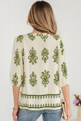 Apricot Floral Print Tie V Neck Button Down Puffy Half Sleeve Shirt - Image 2