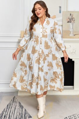 Khaki Patterned Ruffled Sleeve Half Placket Tiered A-line Plus Size Long Dress Khaki Patterned Ruffled Sleeve Half Placket Tiered A-line Plus Size Long Dress - Image 5