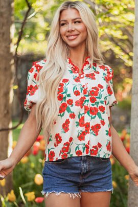 Red Floral Print Ruffled Puff Sleeve Elegant Summer Shirt Red Floral Print Ruffled Puff Sleeve Elegant Summer Shirt - Image 4