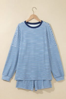 Sky Blue Stripe Long Sleeve Oversized Top Pocketed Casual Shorts Two Piece Set Sky Blue Stripe Long Sleeve Oversized Top Pocketed Casual Shorts Two Piece Set - Image 4