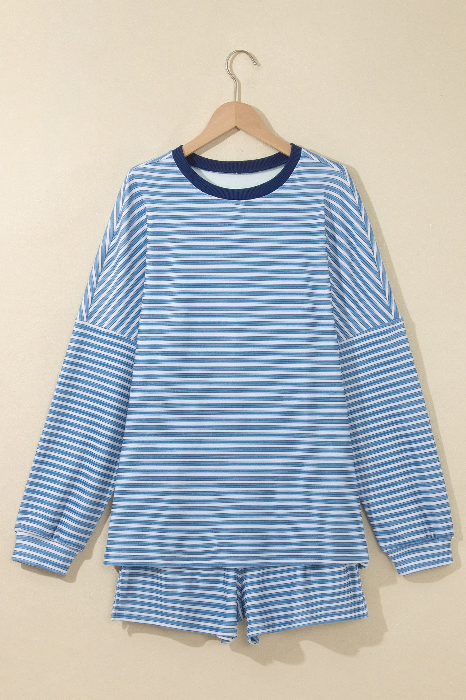Sky Blue Stripe Long Sleeve Oversized Top Pocketed Casual Shorts Two Piece Set Sky Blue Stripe Long Sleeve Oversized Top Pocketed Casual Shorts Two Piece Set - Image 4