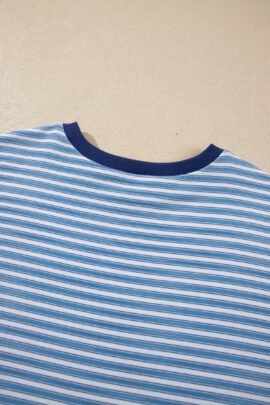 Sky Blue Stripe Long Sleeve Oversized Top Pocketed Casual Shorts Two Piece Set Sky Blue Stripe Long Sleeve Oversized Top Pocketed Casual Shorts Two Piece Set - Image 9