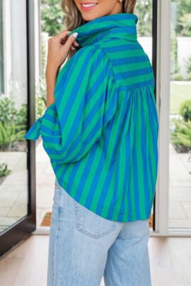 Blue Stripe Tie Puff Sleeve Womens Button Down Shirt Blue Stripe Tie Puff Sleeve Womens Button Down Shirt - Image 2