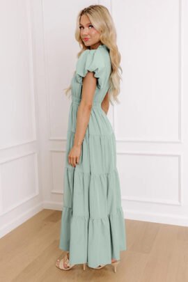 Bright Green Solid Color V Neck Short Puff Sleeve High Waist Tiered Maxi Dress Bright Green Solid Color V Neck Short Puff Sleeve High Waist Tiered Maxi Dress - Image 9