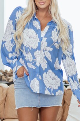 Sky Blue Floral Print Button Up Pleated Detail Puff Sleeve Shirt - Image 8
