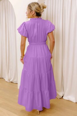 Bright Green Solid Color V Neck Short Puff Sleeve High Waist Tiered Maxi Dress Bright Green Solid Color V Neck Short Puff Sleeve High Waist Tiered Maxi Dress - Image 14