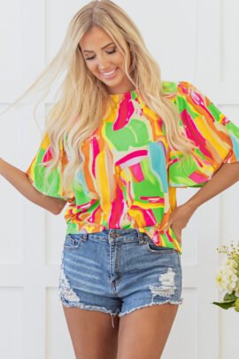 Multicolour Abstract Print Keyhole Back Pleated Half Sleeve Blouse Multicolour Abstract Print Keyhole Back Pleated Half Sleeve Blouse - Image 6