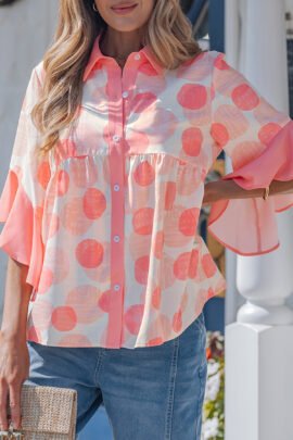 Pink Double Polka Dot Printed Ruffle Trim Short Sleeve Babydoll Shirt - Image 7