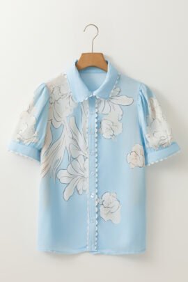 Green Floral Ric Rac Edge Puff Sleeve Button Up Summer Shirt - Image 6