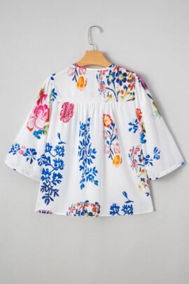 White Floral Print Tassel Tie Bracelet Sleeve Flowy Blouse - Image 4
