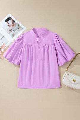 Phalaenopsis Stitched Detail V Neck Puffy Half Sleeve Blouse Phalaenopsis Stitched Detail V Neck Puffy Half Sleeve Blouse - Image 3
