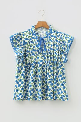 Sky Blue Tiered Flutter Sleeve Pleated Flower Blouse Sky Blue Tiered Flutter Sleeve Pleated Flower Blouse - Image 6