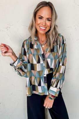 Green Geometric Print Buttoned Balloon Sleeve Loose Fit Shirt Green Geometric Print Buttoned Balloon Sleeve Loose Fit Shirt - Image 3