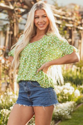 Green Floral Print Ruffle Sleeve V Neck Blouse Top Green Floral Print Ruffle Sleeve V Neck Blouse Top - Image 5