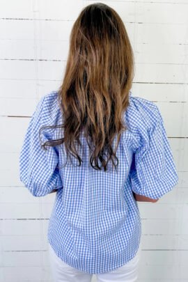 Sky Blue Summer Plaid V Neck Puff Sleeve Blouse Sky Blue Summer Plaid V Neck Puff Sleeve Blouse - Image 4