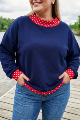 Racing Red Polka Dot Patchwork Round Neck Plus Size Sweatshirt - Image 15