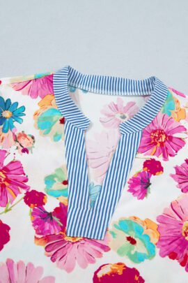 Beige Floral Print Short Puff Sleeve Striped Trim V Neck Blouse Beige Floral Print Short Puff Sleeve Striped Trim V Neck Blouse - Image 5