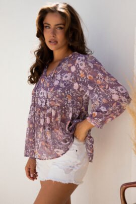 Blue Boho Flower Print 3/4 Sleeve Babydoll Blouse Blue Boho Flower Print 3/4 Sleeve Babydoll Blouse - Image 4