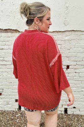 Fiery Red Twist Ribbed Tunic Round Neck Bracelet Sleeve Plus Size Blouse Fiery Red Twist Ribbed Tunic Round Neck Bracelet Sleeve Plus Size Blouse - Image 5
