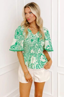 Green Flirty Floral Smocked V Neck Blouse Green Flirty Floral Smocked V Neck Blouse - Image 6