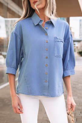 Myosotis Washed Drop Shoulder Bracelet Sleeve Chambray Shirt Myosotis Washed Drop Shoulder Bracelet Sleeve Chambray Shirt - Image 7