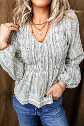 Blue Stripe V Neck Shirred Long Sleeve Blouse - Image 3