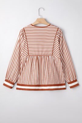 Brown Stripe Babydoll Long Sleeve Blouse Brown Stripe Babydoll Long Sleeve Blouse - Image 5