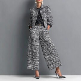 Women's Tweed 2-Piece Pant Set - Cropped Blazer & Wide-Leg Trousers