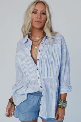 Sky Blue Stripe Striped Buttoned up Long Sleeve Shirt Sky Blue Stripe Striped Buttoned up Long Sleeve Shirt - Image 4