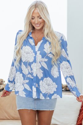 Sky Blue Floral Print Button Up Pleated Detail Puff Sleeve Shirt - Image 6