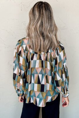 Green Geometric Print Buttoned Balloon Sleeve Loose Fit Shirt Green Geometric Print Buttoned Balloon Sleeve Loose Fit Shirt - Image 2