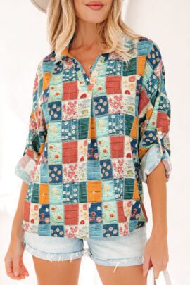 Sky Blue Floral Collared V Neck Roll up Sleeve Shift Blouse Sky Blue Floral Collared V Neck Roll up Sleeve Shift Blouse - Image 6