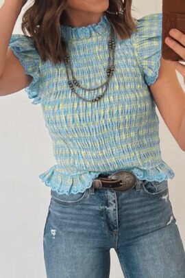 Multicolour Gingham Smoked Lace Trim Tank Top Multicolour Gingham Smoked Lace Trim Tank Top - Image 2