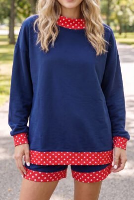 Dark Blue Polka Dot Trim Baggy Pullover 2pcs Short Set - Image 48