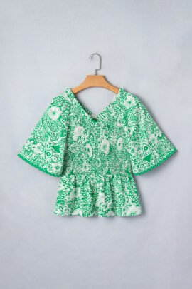 Green Flirty Floral Smocked V Neck Blouse Green Flirty Floral Smocked V Neck Blouse - Image 7