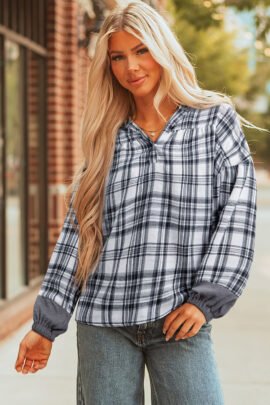 Brown Plaid Patchwork Long Sleeve Button Hooded Blouse Brown Plaid Patchwork Long Sleeve Button Hooded Blouse - Image 4