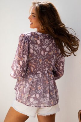 Blue Boho Flower Print 3/4 Sleeve Babydoll Blouse Blue Boho Flower Print 3/4 Sleeve Babydoll Blouse - Image 2