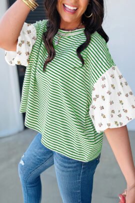 Red Stripe Floral Puff Sleeve Patchwork Round Neck Loose Top Red Stripe Floral Puff Sleeve Patchwork Round Neck Loose Top - Image 5