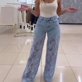 High Waist Wide Leg Jeans Y2K Floral Lace