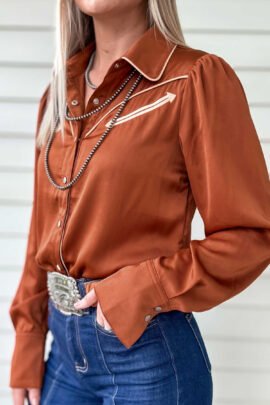 Cinnamon Silky Long Sleeve Button Front Western Fashion Shirt Cinnamon Silky Long Sleeve Button Front Western Fashion Shirt - Image 2