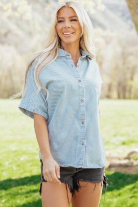 Sky Blue Stripe Cuffed Short Sleeve Button up Loose Shirt Sky Blue Stripe Cuffed Short Sleeve Button up Loose Shirt - Image 4