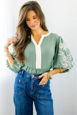Smoke Green Color Block Patchwork V Neck Embroidered Puff Sleeve Babydoll Blouse Smoke Green Color Block Patchwork V Neck Embroidered Puff Sleeve Babydoll Blouse - Image 3
