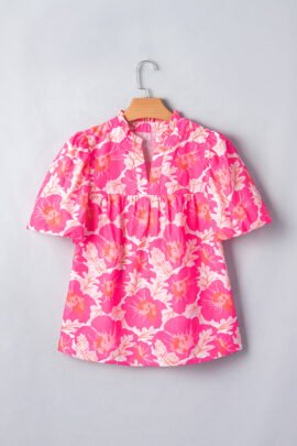 Pink Short Bubble Sleeve Summer Floral Blouse Pink Short Bubble Sleeve Summer Floral Blouse - Image 2