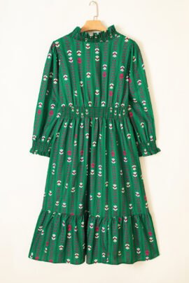 Green Floral Print V Neck Long Sleeve Shift Plus Size Dress Green Floral Print V Neck Long Sleeve Shift Plus Size Dress - Image 3