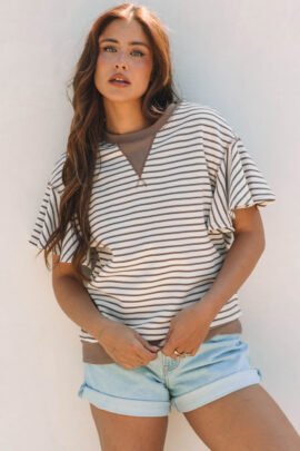 Parchment Contrast Detail Striped Ruffle Short Sleeve Top