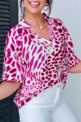 Rose Leopard Print V Neck Puffy Half Sleeve Blouse - Image 2