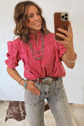Blue Stripe Ruffled Short Puff Sleeve Button Front Blouse - Image 5